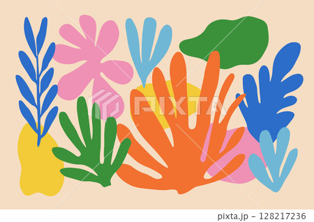 Abstract leaf and coral-like shapes in matisse art style. Bright bold colors, naive hand drawn organic forms and figures on beige background Abstract leaf and coral-like shapes in matisse art style. Bright bold colors, naive hand drawn organic forms and figures on beige background 128217236