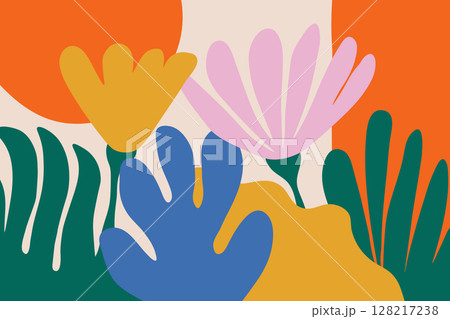 Abstract hand drawn flowers in bright colors. Floral doodle art vector design. Trendy banner template with copy space Abstract hand drawn flowers in bright colors. Floral doodle art vector design. Trendy banner template with copy space 128217238