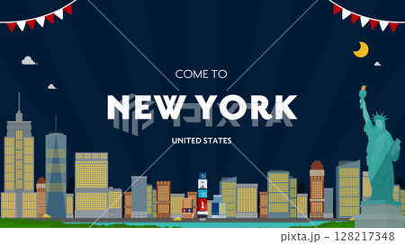 自由の女神やオフィスビルで飾られたニューヨークの広告背景テンプレート（夜） 128217348