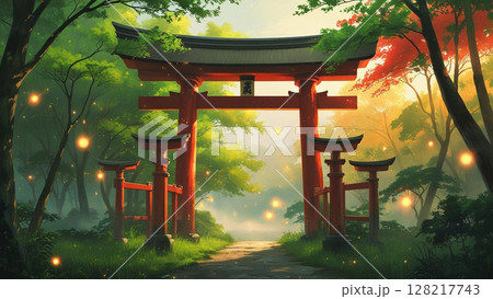 夏の緑と陽光に包まれた鳥居 128217743