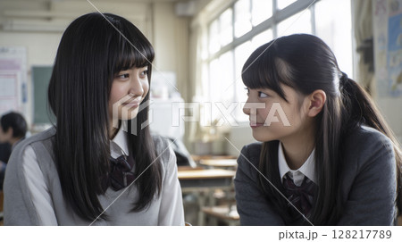 休み時間　女子高生2人が楽しくおしゃべりしているシーン 128217789