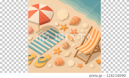 海洋日主題海灘和貝殼等距背景圖 128218090
