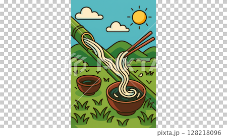 竹の水路を流れるそうめんのカートゥーン風イラスト 128218096