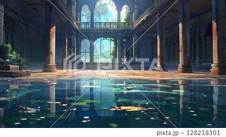ゲーム背景　幻想的な泉をたたえた回復の神殿風景 128218301