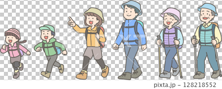 Illustration set of a three-generation family hiking and mountain climbing 128218552