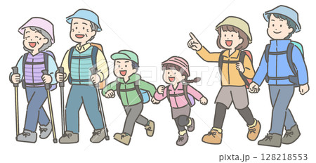 ハイキングや登山をする3世代家族のイラスト ハイキングや登山をする3世代家族のイラスト 128218553