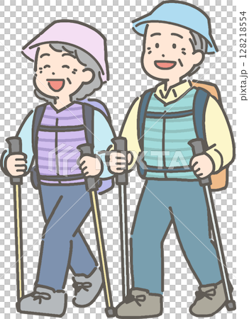 Illustration of a senior couple hiking and mountain climbing Illustration of a senior couple hiking and mountain climbing 128218554