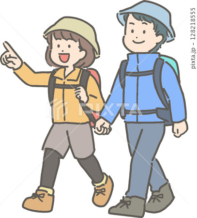ハイキングや登山をする若い夫婦のイラスト 128218555