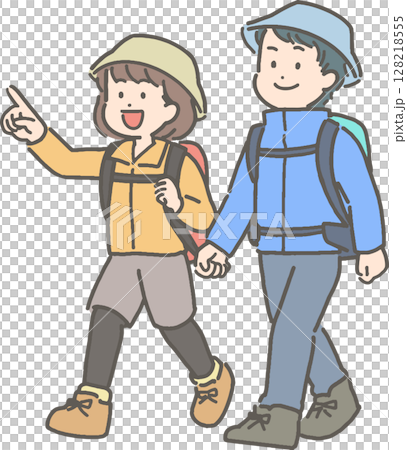 一對年輕夫婦徒步旅行和登山的插圖 128218555