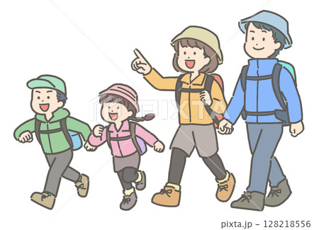ハイキングや登山をする4人家族のイラスト 128218556