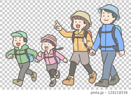 一家四口徒步旅行和爬山的插圖 128218556