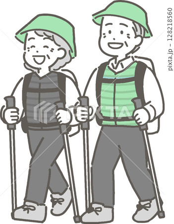 ハイキングや登山をするシニア夫婦のイラスト ハイキングや登山をするシニア夫婦のイラスト 128218560