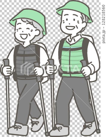 ハイキングや登山をするシニア夫婦のイラスト ハイキングや登山をするシニア夫婦のイラスト 128218560