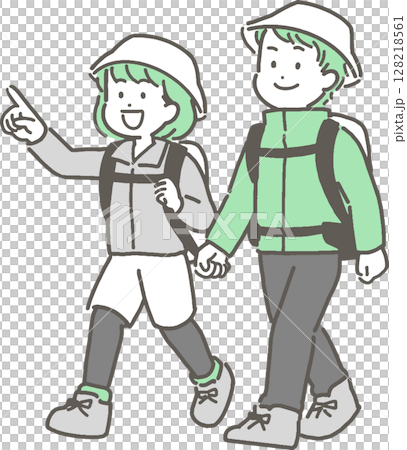 ハイキングや登山をする若い夫婦のイラスト ハイキングや登山をする若い夫婦のイラスト 128218561