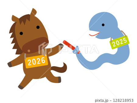 午年・巳年 干支交代キャラクターイラスト/バトンタッチ01 午年・巳年 干支交代キャラクターイラスト/バトンタッチ01 128218953