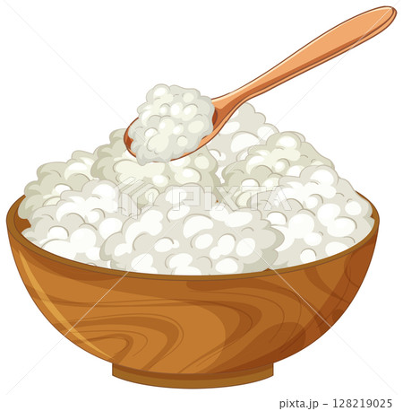 Wooden Bowl of Cottage Cheese with Spoon 128219025