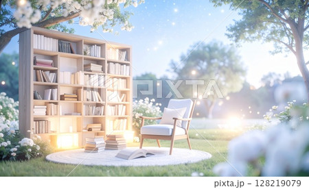 夏の夜の読書タイム：輝く星と本棚 128219079