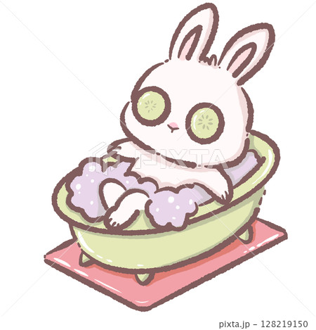 Cute Cartoon Bunny Relaxing in Bathtub with Bubbles and Cucumber Eyes Kawaii Rabbit Illustration Representing Spa Day Self Care Relaxation Wellness and Adorable Animal Character Design Concept 128219150