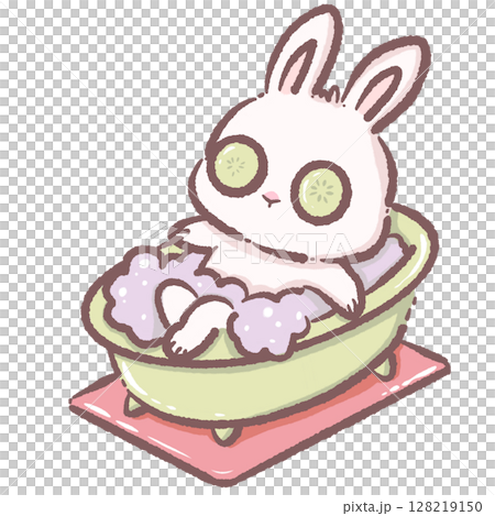 Cute Cartoon Bunny Relaxing in Bathtub with Bubbles and Cucumber Eyes Kawaii Rabbit Illustration Representing Spa Day Self Care Relaxation Wellness and Adorable Animal Character Design Concept 128219150