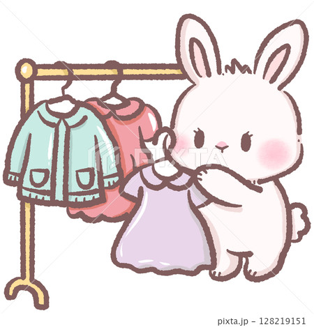 Cute Cartoon Bunny Choosing Outfit from Clothes Rack Kawaii Rabbit Illustration with Dresses and Jackets Representing Fashion Style Shopping Dressing Room and Adorable Animal Character Design Concept 128219151