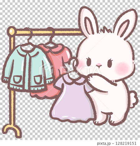 Cute Cartoon Bunny Choosing Outfit from Clothes Rack Kawaii Rabbit Illustration with Dresses and Jackets Representing Fashion Style Shopping Dressing Room and Adorable Animal Character Design Concept 128219151