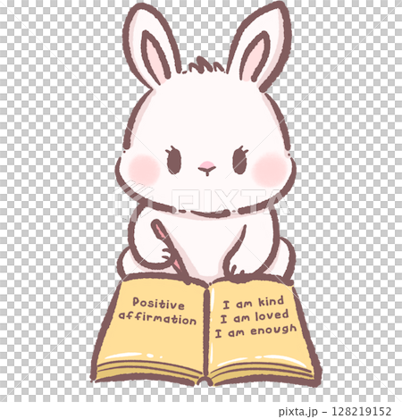 Cute Cartoon Bunny Writing Positive Affirmations in Journal Kawaii Rabbit Illustration Representing Self Love Mindfulness Motivation Confidence and Adorable Animal Character for Inspiring Designs 128219152