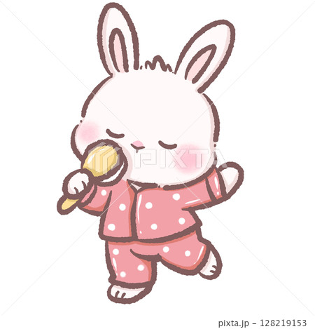 Cute Cartoon Bunny Singing and Dancing in Pajamas Holding Brush as Microphone Kawaii Rabbit Illustration Representing Fun Joy Music Playfulness and Adorable Animal Character Design Concept 128219153