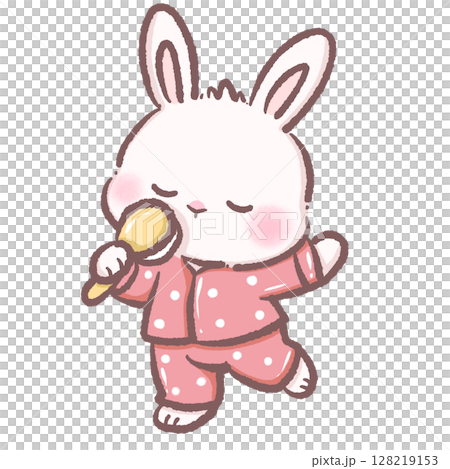 Cute Cartoon Bunny Singing and Dancing in Pajamas Holding Brush as Microphone Kawaii Rabbit Illustration Representing Fun Joy Music Playfulness and Adorable Animal Character Design Concept 128219153