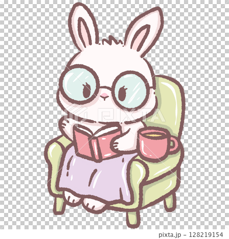 Cute Cartoon Bunny Reading Book with Glasses Sitting in Chair with Hot Drink Kawaii Rabbit Illustration Representing Relaxation Knowledge Learning Comfort Cozy Home and Adorable Animal Character Desig 128219154