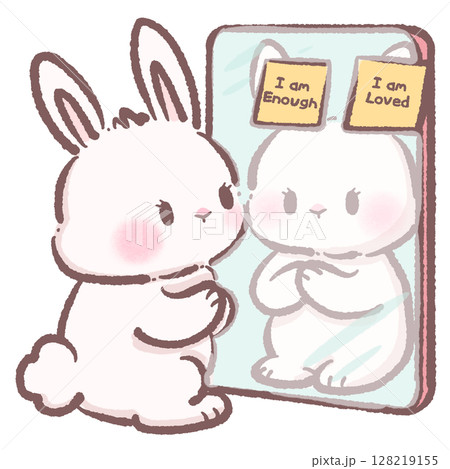 Cute Cartoon Bunny Looking at Mirror with Positive Affirmations Kawaii Rabbit Illustration Representing Self Love Confidence Mindfulness Motivation and Adorable Animal Character Design Concept 128219155
