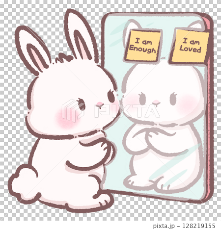 Cute Cartoon Bunny Looking at Mirror with Positive Affirmations Kawaii Rabbit Illustration Representing Self Love Confidence Mindfulness Motivation and Adorable Animal Character Design Concept 128219155