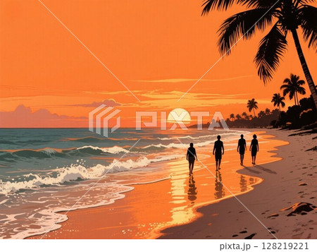 イラスト素材:夕焼けの海と砂浜(シルエットあり) イラスト素材:夕焼けの海と砂浜(シルエットあり) 128219221