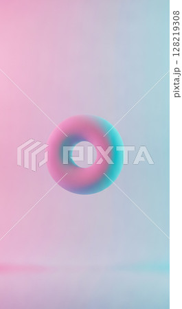 パステルピンクとブルーのグラデーション背景に浮かぶドーナツ状のリング パステルピンクとブルーのグラデーション背景に浮かぶドーナツ状のリング 128219308