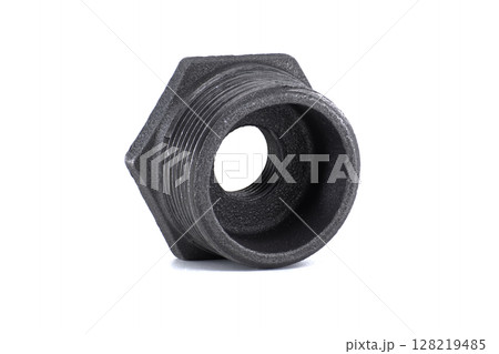 Black metal pipe fitting on a white background, perfect for industrial and construction projects. 128219485