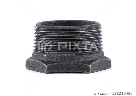 A close-up of a black pipe fitting isolated against a clean white backdrop. 128219486