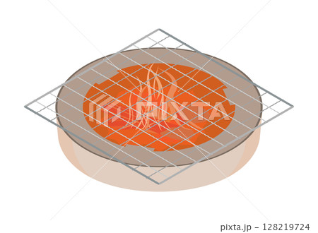 加熱中の七輪に角型の焼き網を置くイラスト 加熱中の七輪に角型の焼き網を置くイラスト 128219724
