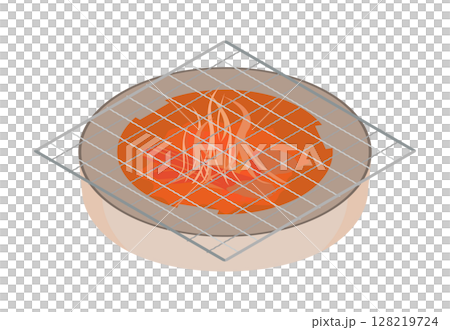 Illustration of a square grill being placed on a heated charcoal grill 128219724