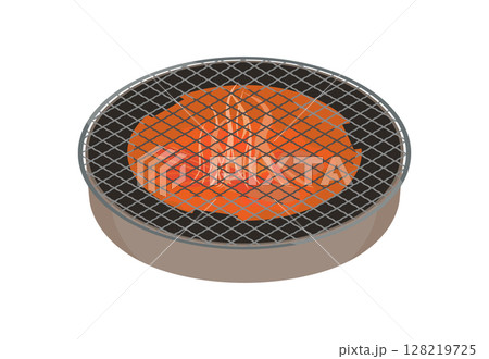 加熱中の七輪に丸形焼き網を乗せるイラスト 128219725