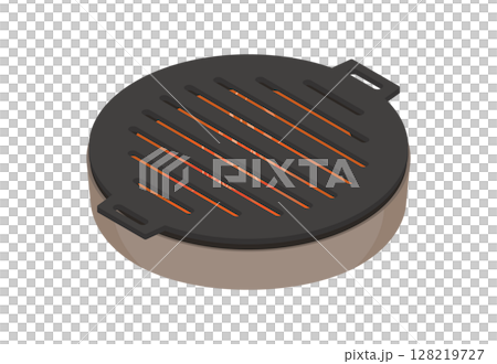 Illustration of a round iron plate being placed on a heated charcoal grill 128219727