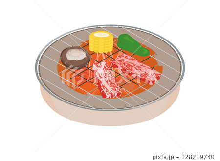 丸形網で七輪焼き肉をするイラスト 128219730