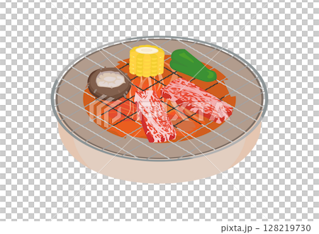 圓形烤架上烤肉的插圖 圓形烤架上烤肉的插圖 128219730