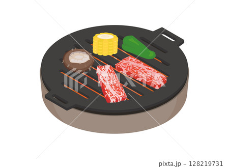 七輪で鉄板焼き肉をするイラスト 128219731