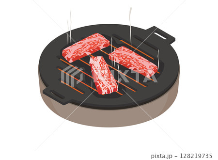 七輪で鉄板焼き肉をするイラスト 七輪で鉄板焼き肉をするイラスト 128219735