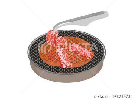 丸形網にトングで七輪焼肉をするイラスト 128219736