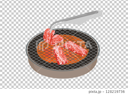 用圓形烤架上的鉗子在木炭烤架上烤肉的插圖 128219736