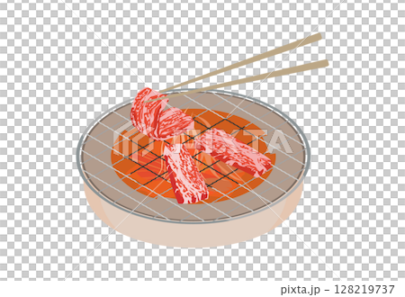 用筷子在圓形烤架上烤肉的木炭烤架上的插圖 128219737