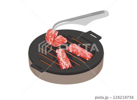 七輪にトングで鉄板焼き肉をするイラスト 128219738
