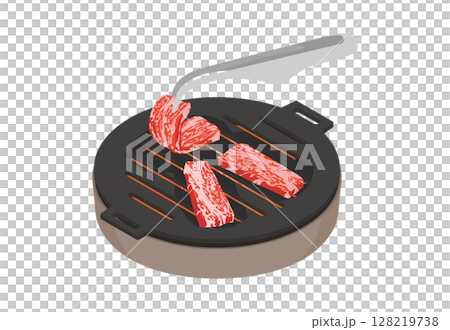 七輪にトングで鉄板焼き肉をするイラスト 128219738