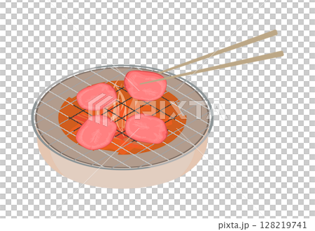 丸形網にお箸でタン塩七輪焼肉のイラスト 丸形網にお箸でタン塩七輪焼肉のイラスト 128219741