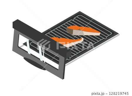 魚焼きグリルに鮭の切り身を乗せるイラスト 128219745
